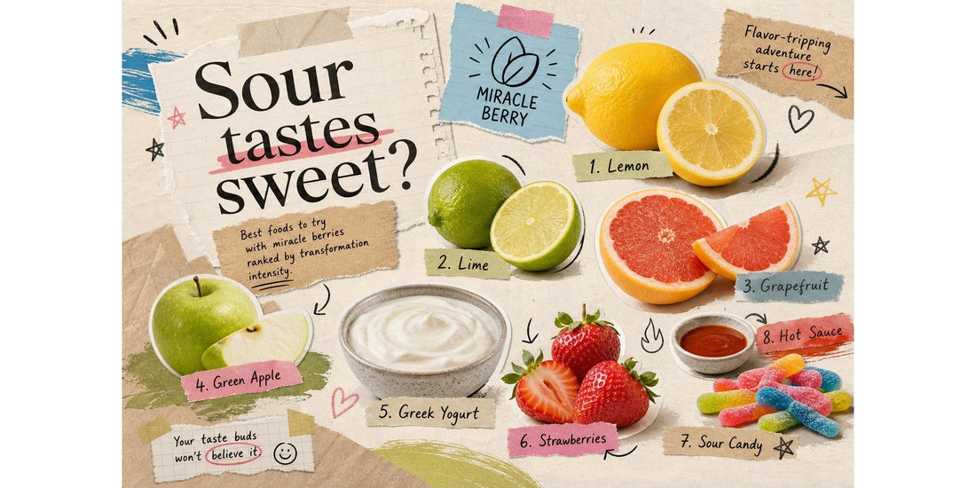 Collage of sour foods to try with miracle berries including lemon, lime, grapefruit, green apple, Greek yogurt, strawberries, sour candy and hot sauce