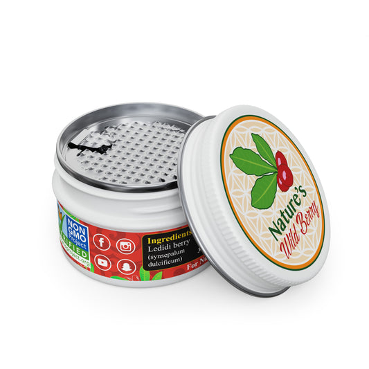Nature's Wild Berry Travel Jar open with its grater insert and the lid beside it