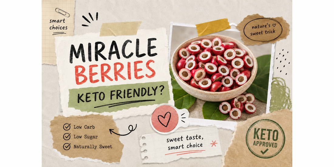 Scrapbook-style graphic asking if miracle berries are keto friendly with a bowl of freeze-dried miracle berry halves, low-carb notes and a keto approved badge