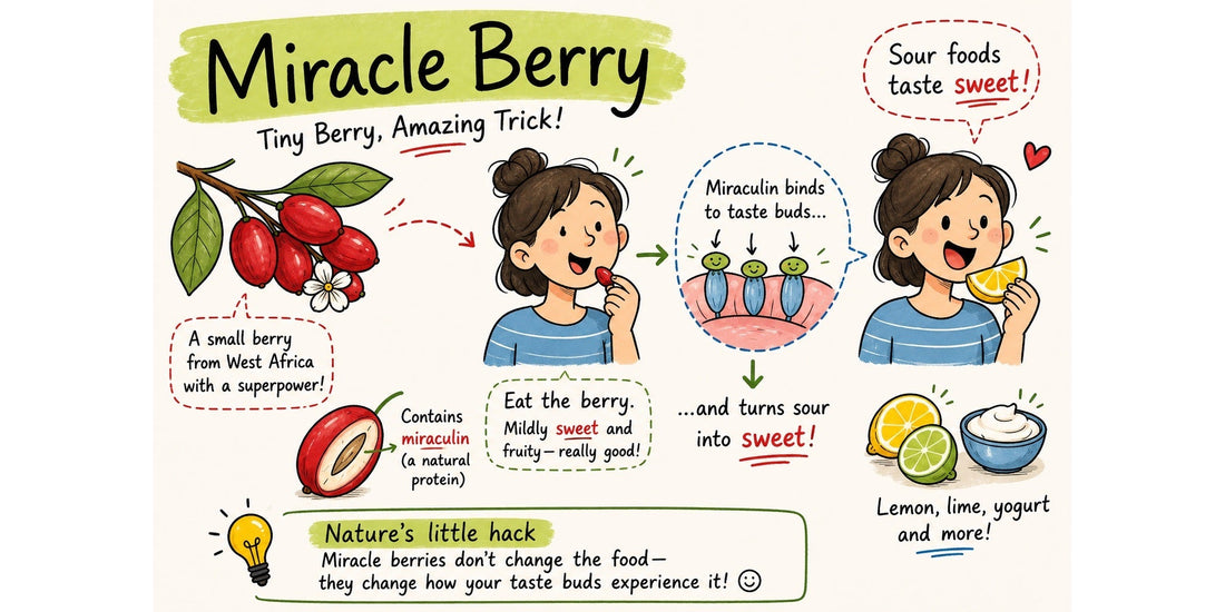 Miracle berry infographic showing how miraculin makes sour foods taste sweet