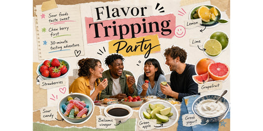 Friends laughing at a flavor tripping party with sour foods including lemon, lime, grapefruit, strawberries, sour candy, balsamic vinegar, green apple and Greek yogurt