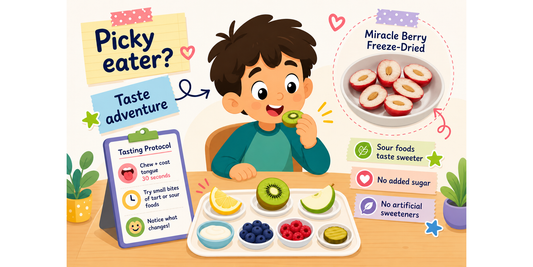 Cartoon child doing a picky eater taste adventure with kiwi, lemon, yogurt, berries, pickles and freeze-dried miracle berry halves with no added sugar.