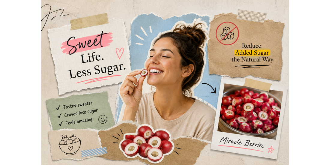 Woman eating a miracle berry in a scrapbook-style graphic about reducing added sugar naturally with Nature’s Wild Berry.