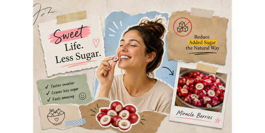 Woman eating a miracle berry in a scrapbook-style graphic about reducing added sugar naturally with Nature’s Wild Berry.