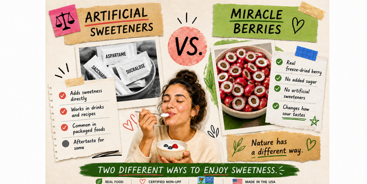 Artificial sweeteners vs miracle berries comparison graphic showing a woman eating tart yogurt, sweetener packets and freeze-dried miracle berry halves with notes about no added sugar and no artificial sweeteners.