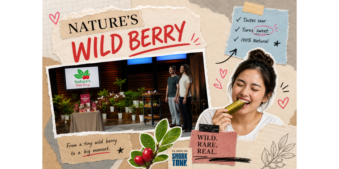 Nature’s Wild Berry founders presenting freeze-dried miracle berries on Shark Tank with product displays and miracle berry plants on stage.
