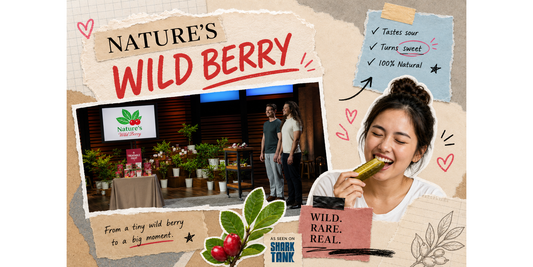 Nature’s Wild Berry founders presenting freeze-dried miracle berries on Shark Tank with product displays and miracle berry plants on stage.