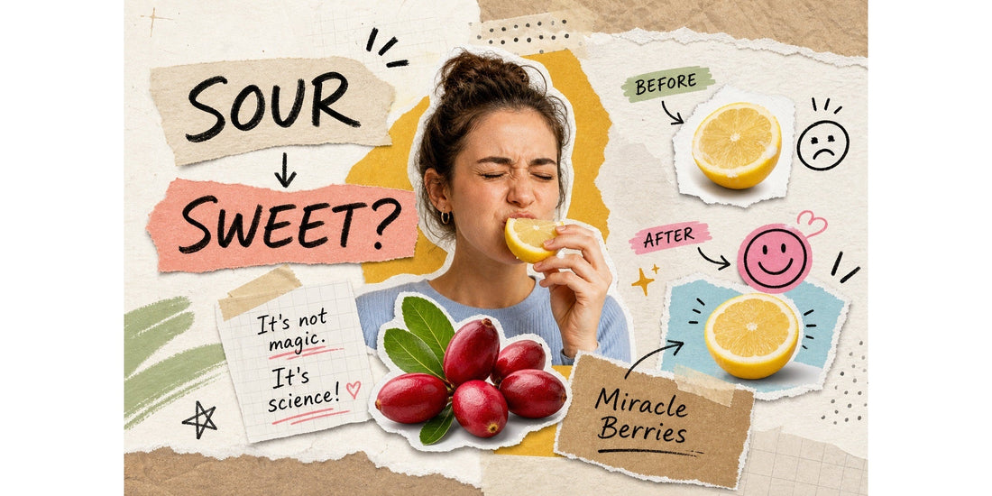 Woman tasting a lemon with miracle berries showing how sour foods can taste sweet through taste science