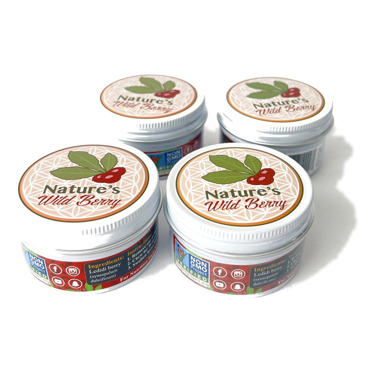 Photograph of four Nature's Wild Berry aluminum travel jars of freeze-dried miracle berries arranged as a case of four on a white background