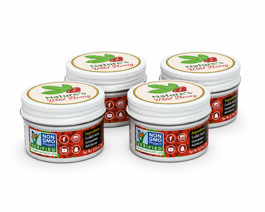 Group of four Nature's Wild Berry travel jars standing together, the 4-pack bundle of miracle berries