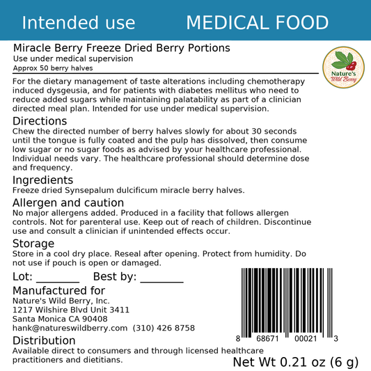 Nature's Wild Berry medical food label panel with intended use, directions, ingredients, allergen, storage and manufacturer information, Net Wt 0.21 oz (6 g)