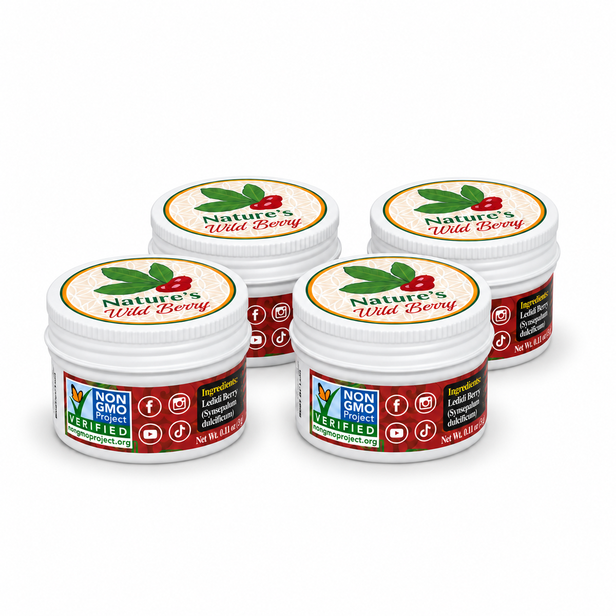 Four Nature's Wild Berry travel jars of freeze-dried miracle berries shown as a four pack, each labelled Non-GMO Project Verified with Net Wt. 0.11 oz (3 g)
