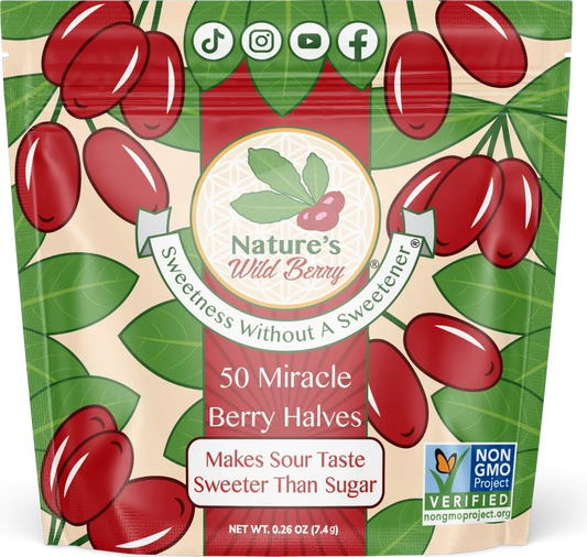 Nature's Wild Berry 50-serving resealable refill pouch, front of pack, net wt 0.26 oz (7.4 g), 50 freeze-dried miracle berry halves, Non-GMO Project Verified