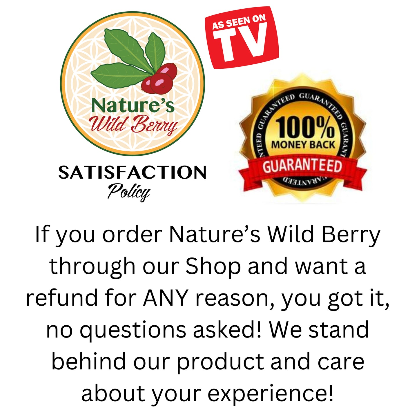 Advertisement for Nature's Wild Berry with a guarantee badge and satisfaction policy text.